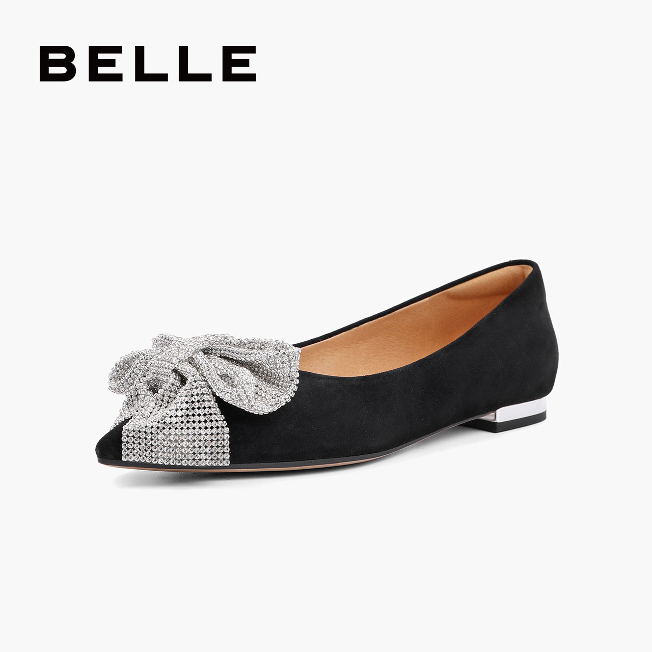 百丽尖头单鞋女2021秋新款水钻布蝴蝶结甜美平底鞋3kzd5cq1