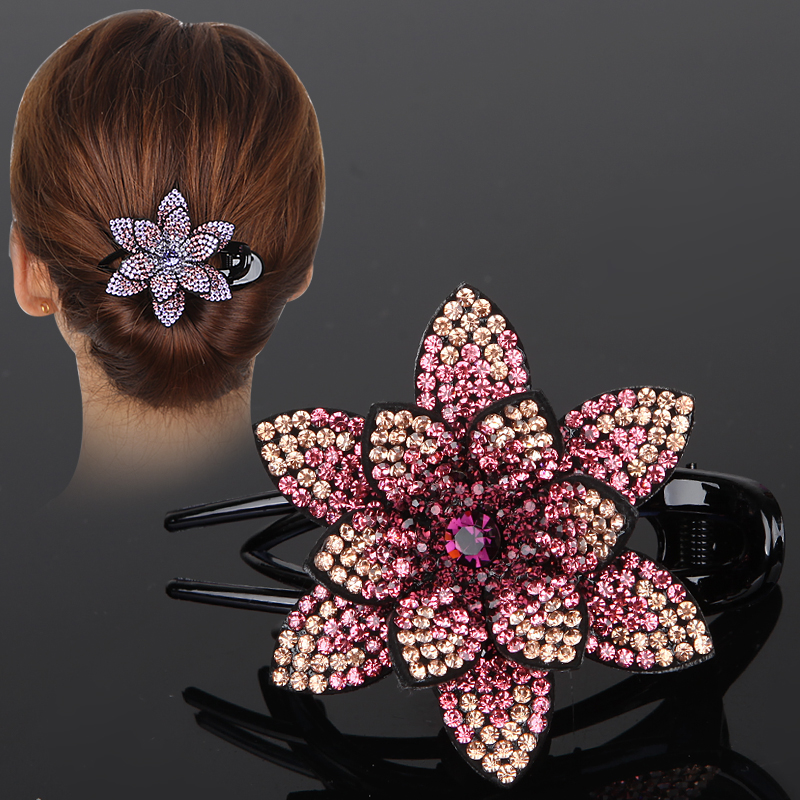 盘发三齿夹花朵水钻顶夹发卡夹妈妈大号抓夹头饰后脑勺鸭嘴夹—发饰