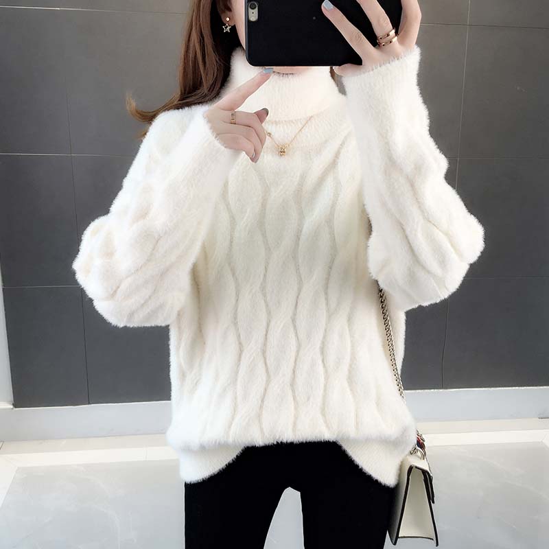 水貂绒毛衣女高领内搭加厚秋冬2020年新款宽松外穿白色打底针织衫