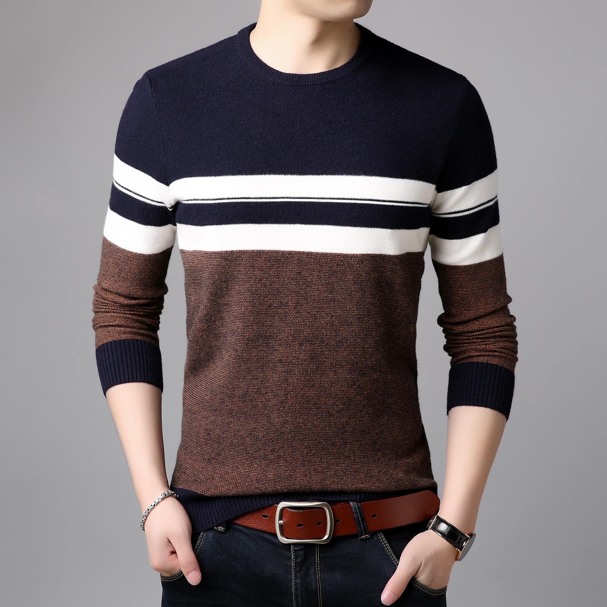 花花公子冬季男士加厚羊毛衫长袖中青年圆领修身保暖条纹针织毛衣