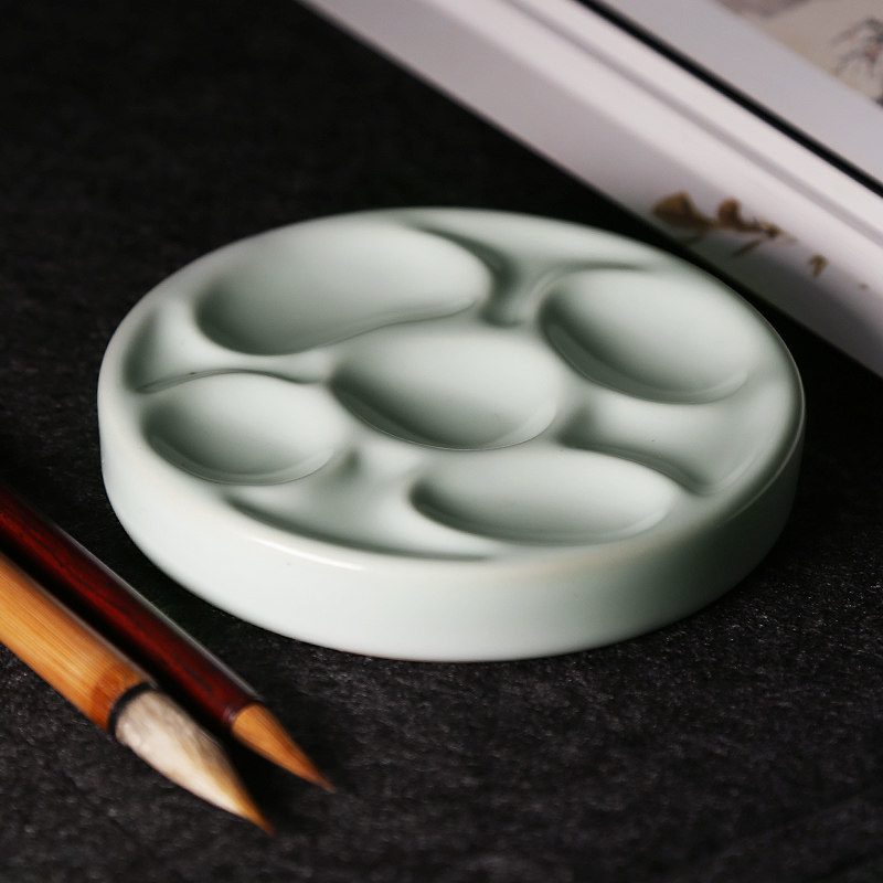 赋比兴 文房四宝书法国画调色盘 陶瓷圆形墨碟多功能毛笔笔添 墨汁