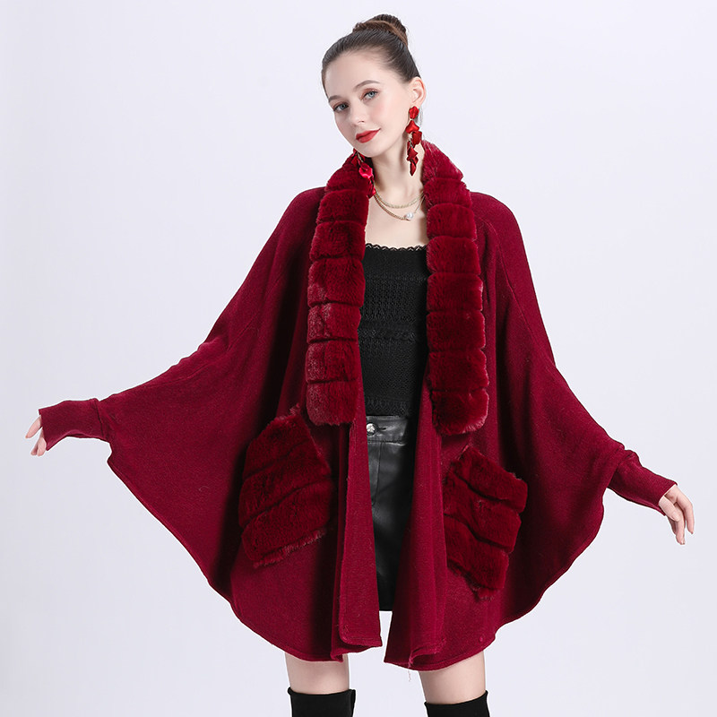 欧美大码宽松仿獭兔毛领斗篷披肩女蝙蝠袖大披风口袋针织开衫外套