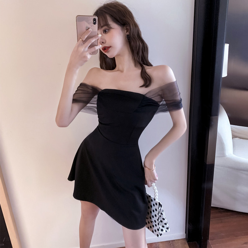 抹胸裙子女夏一字领显胸网纱袖高腰显