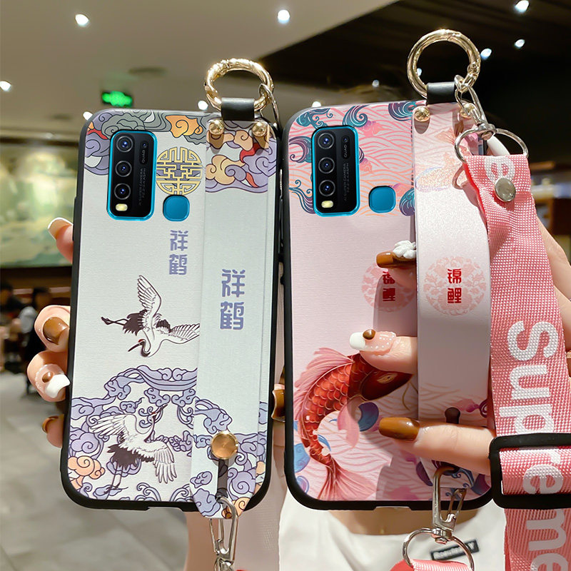 适用于vivoy30手机壳腕带中国风锦鲤viv0y30海外版斜跨挂脖带挂绳y30