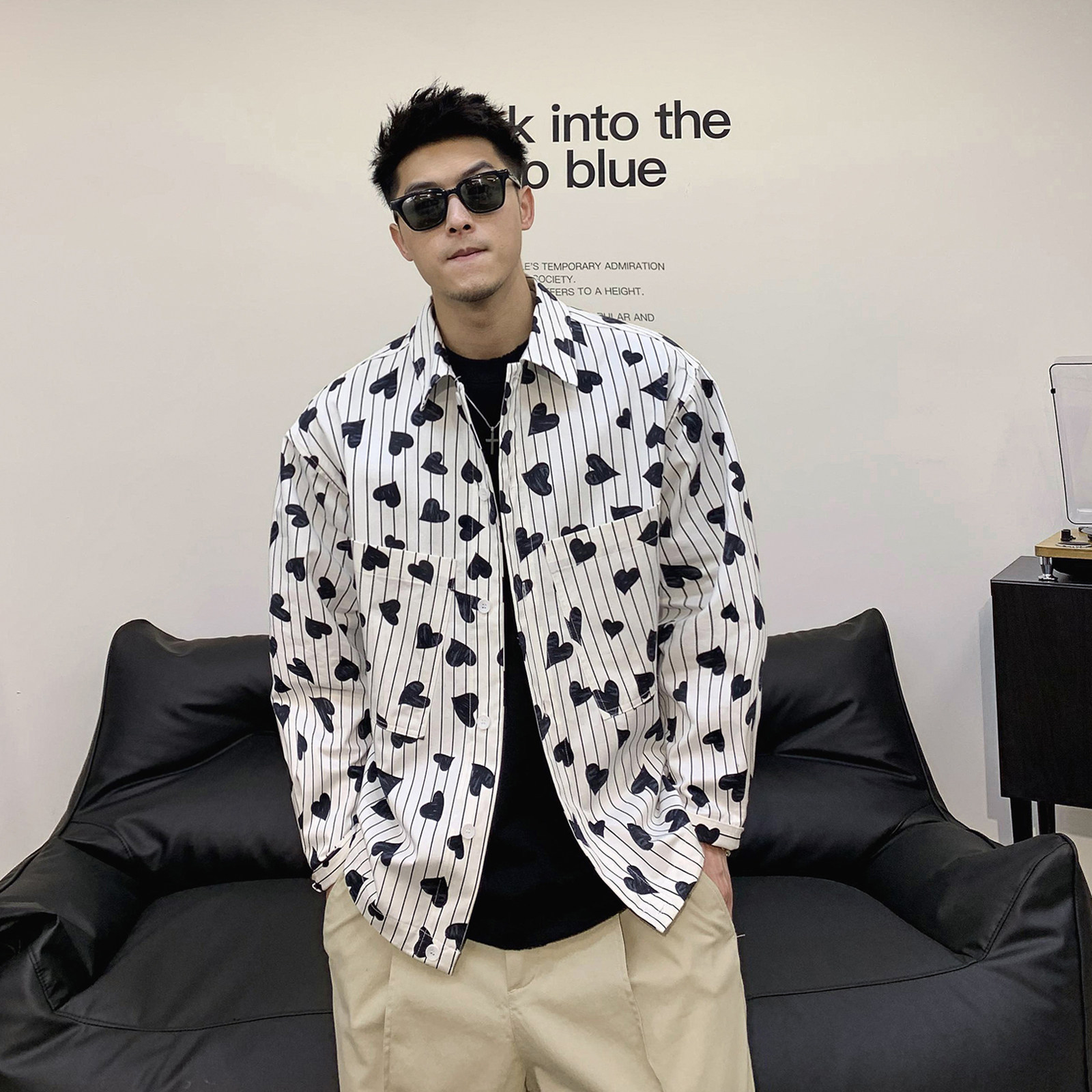 徐太浪条纹花衬衫男ins痞帅高级感炸街爱心长袖衬衣春季潮牌外套