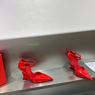 高定红色亮面尖头坡跟凉鞋女2024新款绝美超高跟10cm性感走秀女鞋