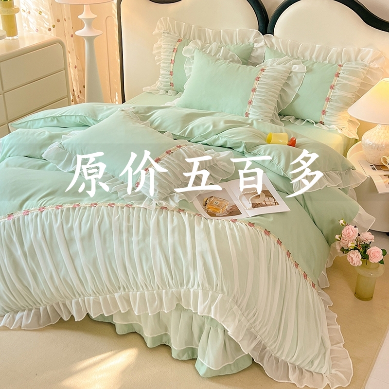 小红书推荐韩版公主风床盖四件套全棉纯棉少女心雪纺花边床单被套