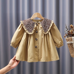 小童2022新款风衣翻领韩版时尚女童装儿童娃娃衫女童秋装长袖外套