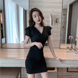 Slim， slim， hip wrapped short sleeved dress