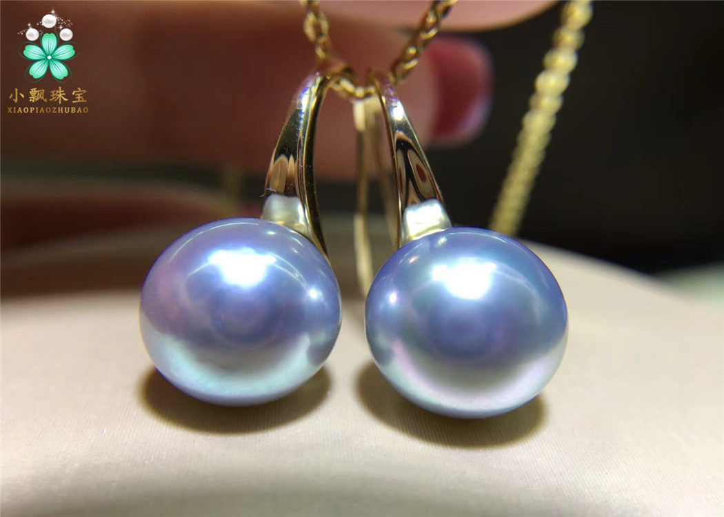 日本真多麻akoya天然海水珍珠耳钩 18k金镜面光银灰透蓝珍珠耳环