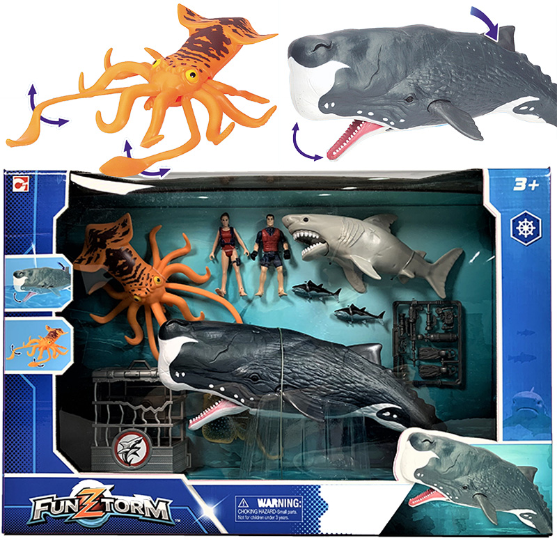 集多美海洋动物抹香鲸鲨鱼乌贼食人鲨章鱼可动模型海盗船玩具礼盒