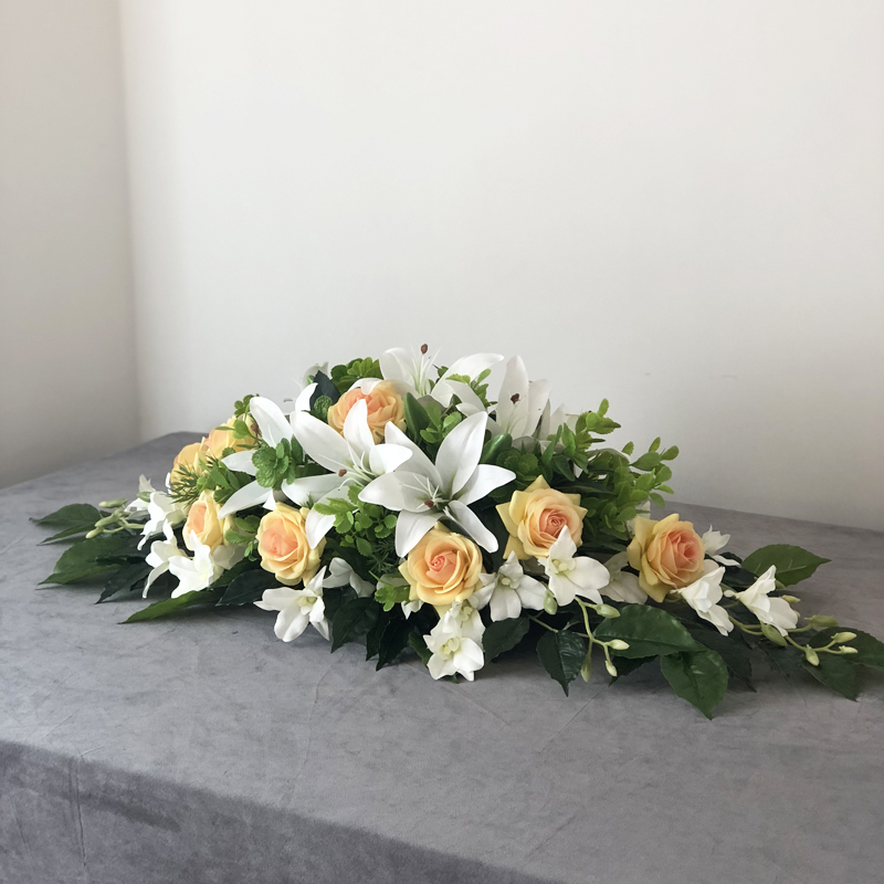 百合玫瑰仿真花台花会议桌花办公室假花讲台接待酒店长形餐桌装饰