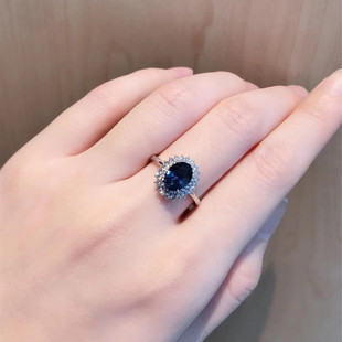 18K白金天然斯里兰卡蓝宝石戒指钻石经典戴妃高级感现货顺丰包邮
