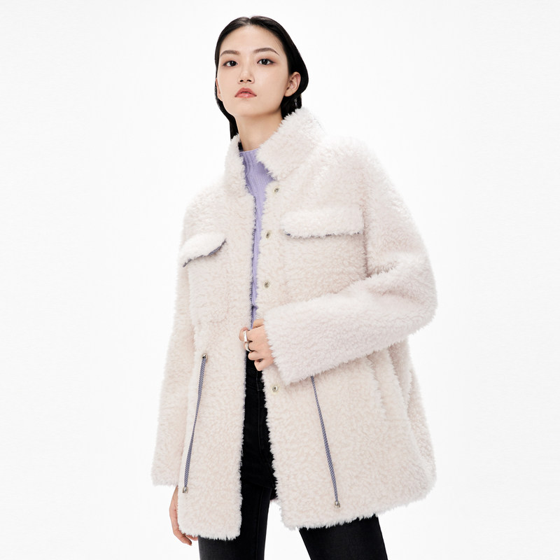 卡拉佛毛呢外套减龄秋冬新款米白色中长款加厚100纯羊毛大衣女