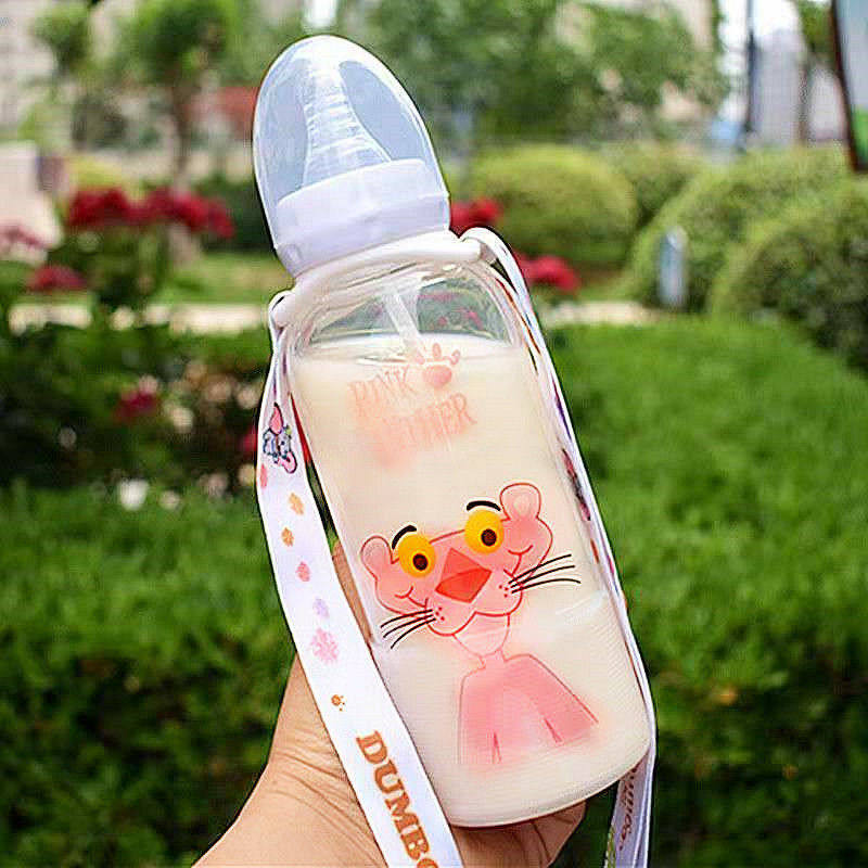 韩国创意可爱成人奶瓶粉嫩少女心大人学生玻璃吸管便携奶嘴牛奶杯