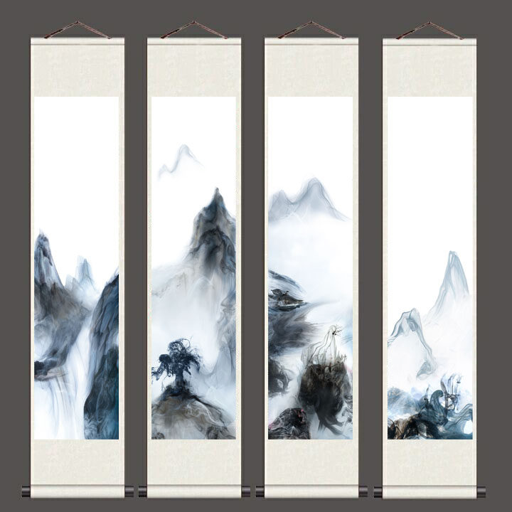 泼墨新中式山水水墨字画山水四条屏卷轴挂画四联沙发背景丝绸画