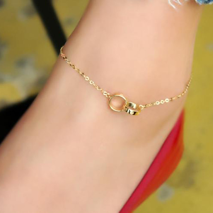 韩国14k金脚链黄金细链子纯金女款双圈真金脚链正品k金首饰