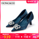 Hongkee/红科女鞋2024春季新款高跟鞋女尖头牛皮宴会单鞋HA84S101