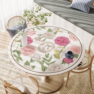 美式花园圆形桌垫小茶几垫圆桌子桌布免洗防水防油防烫轻奢高级感