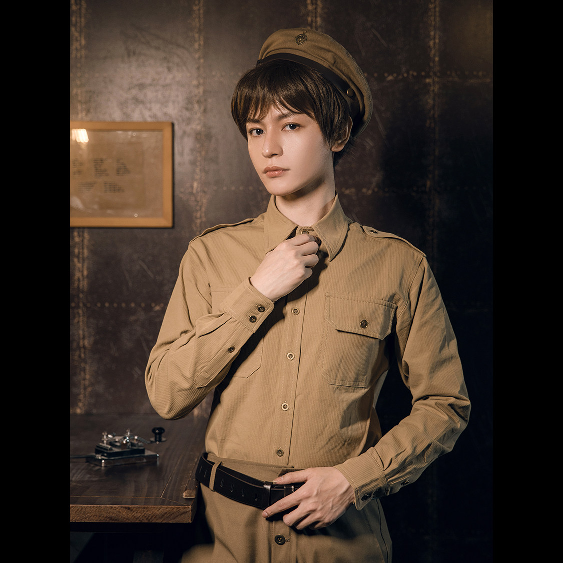 蒸汽大陆 卡其色暗条纹纯棉长袖军装风格中长男女中性款制服衬衫