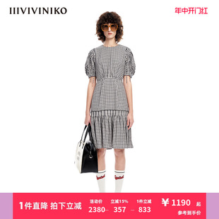 IIIVIVINIKO春夏新品复古泡泡袖格纹短袖收腰连衣裙女M310613140B