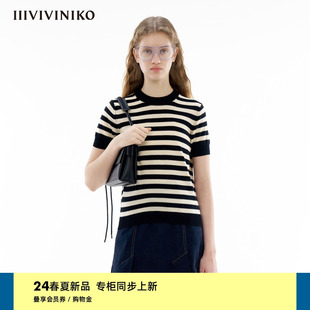 IIIVIVINIKO2024夏季新款“美利奴羊毛”修身条纹短袖针织衫女