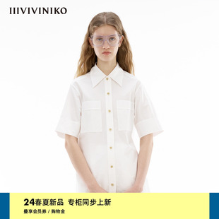 IIIVIVINIKO2024夏季新款“全棉高密府绸”工装风收腰短袖衬衫女