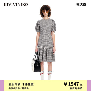 IIIVIVINIKO春夏新品复古泡泡袖压褶格纹收腰连衣裙女M310613140B