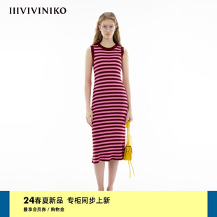 IIIVIVINIKO2024春季新款“丝光棉”多巴胺条纹无袖针织连衣裙女