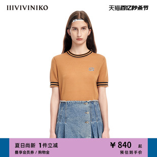 IIIVIVINIKO“丝羊毛纱线”学院风圆领短袖针织衫女M310114607B