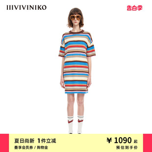 IIIVIVINIKO春夏新品多巴胺条纹圈圈纱针织连衣裙女M311113621B