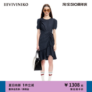 IIIVIVINIKO春夏新品优雅泡泡袖格纹抽褶鱼尾连衣裙女M310605140B