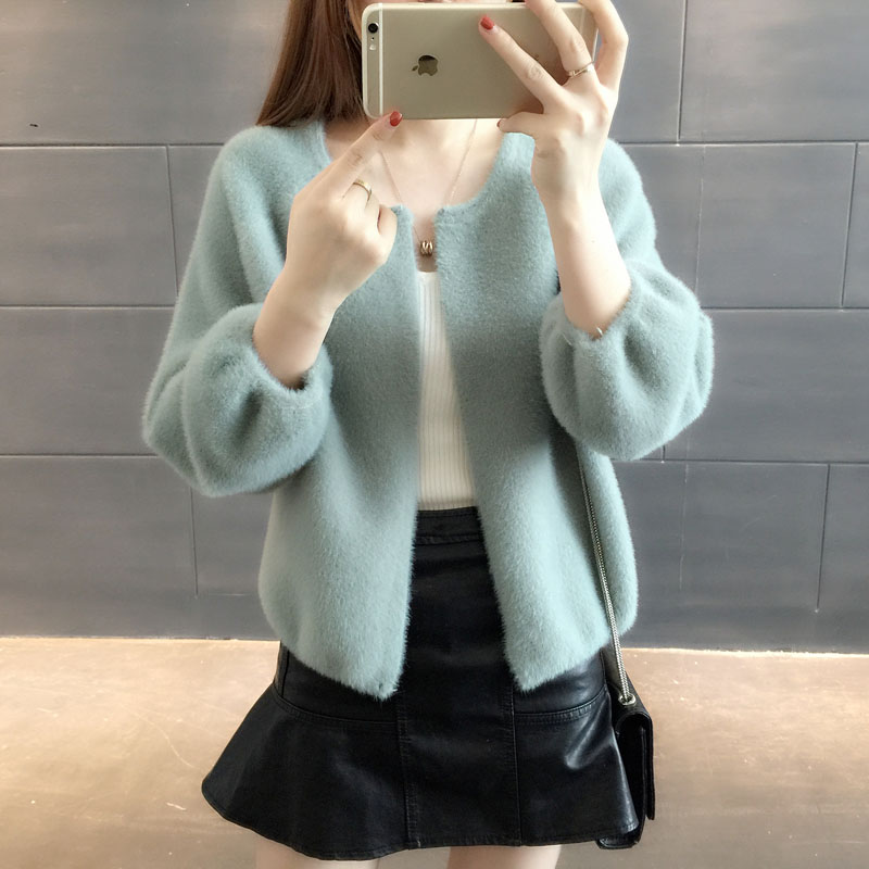 毛茸茸2017秋冬新款七分袖毛衣女开衫短款外套宽松韩版针织衫显瘦