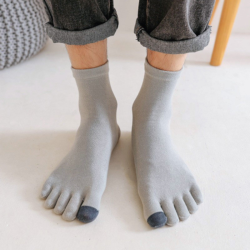 男纯棉五指袜日系纯色脚趾秋冬黑色中筒拼色防臭个性吸汗分趾袜子