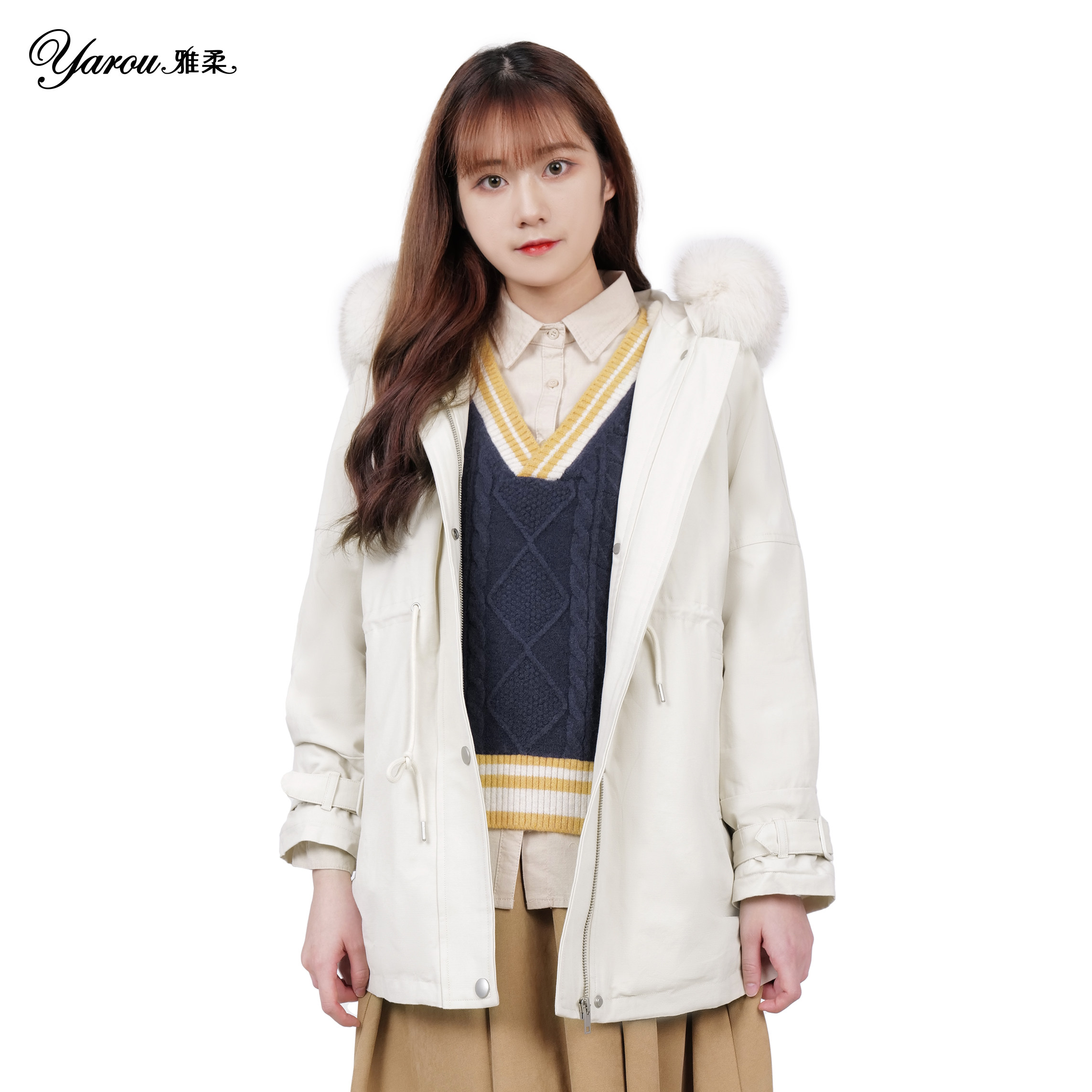 雅柔2021新款秋季时尚百搭宽松纯棉保暖抽绳加绒可爱连帽外套