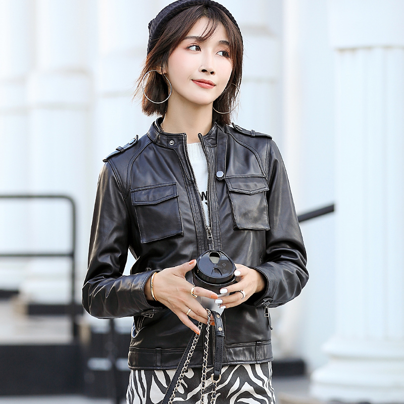 2019春秋海宁绵羊皮真皮机车修身小皮衣外套女士短款皮夹克女