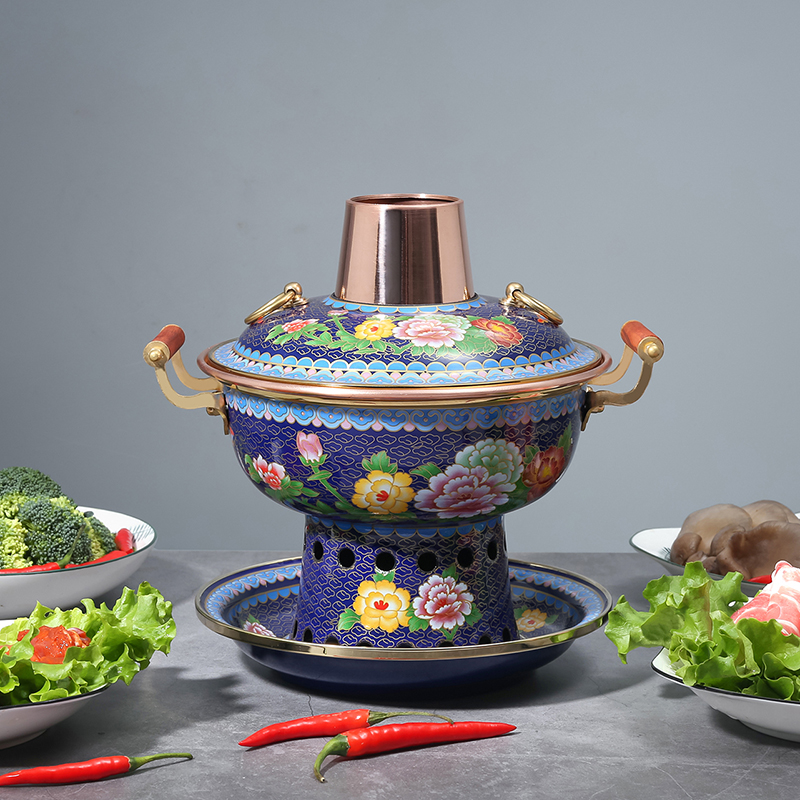 景泰蓝直径20cm铜火锅单人珐琅环保油铜锅酒精小火锅珐琅锅