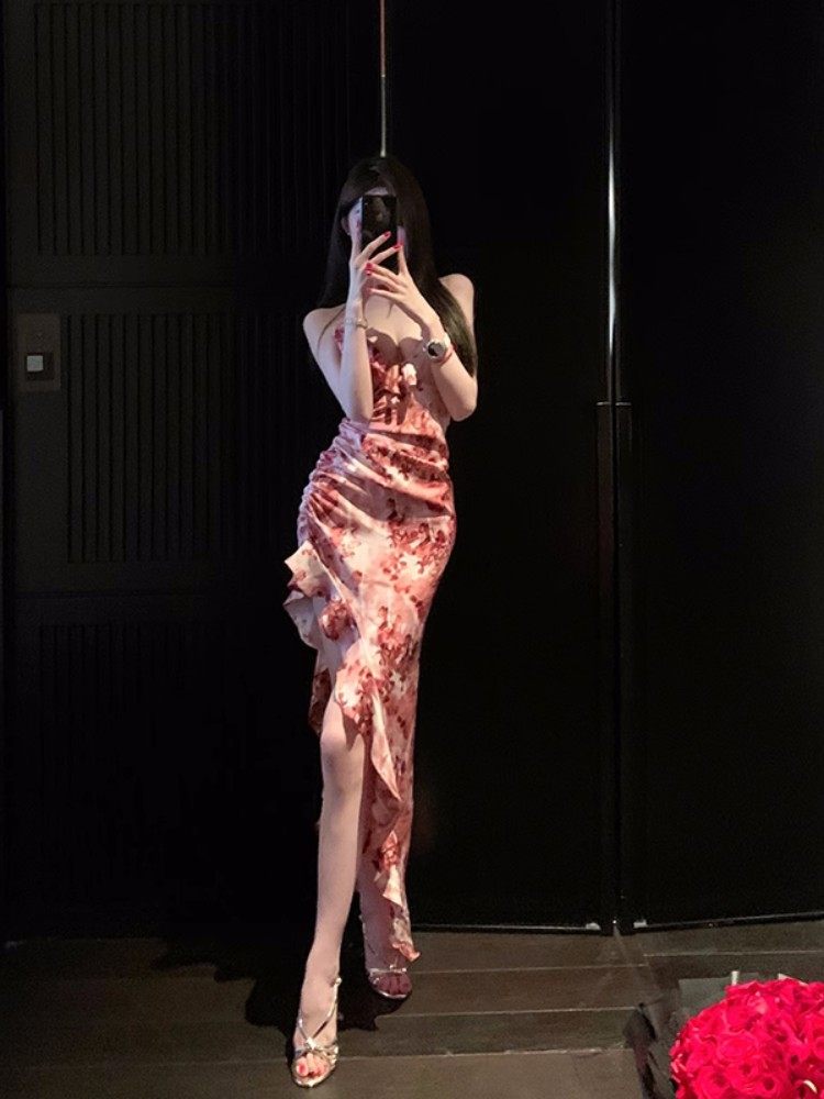 chill巧儿 du家花色太美 性感修身v领荷叶边长裙不规则吊带连衣裙