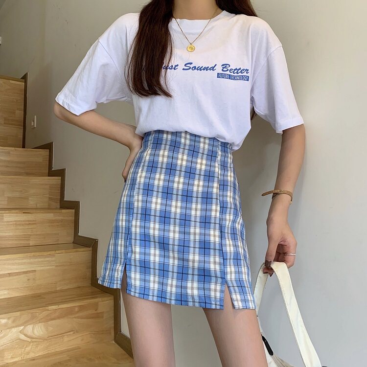 实拍实价韩版ins高腰显瘦格子开叉包臀半身裙