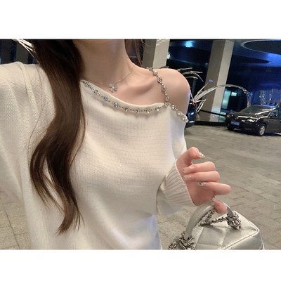 justbe yoo肩膀闪闪小心机秋冬水钻羊毛露肩带毛针织衫长袖上衣女