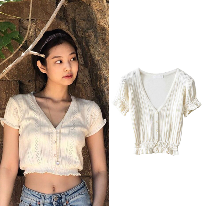 blackpink 金智妮jennie风同款法式v领修身针织上衣女短款t恤夏|ruв категории Женская одежда, футболка - от Buy2taobao.com для оказания профессиональной услуги покупки агента Taobao