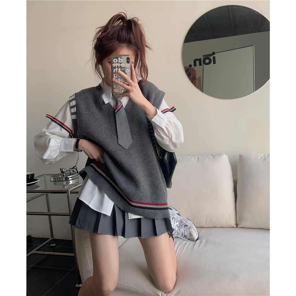 价~韩版时尚减龄学院风套装白色衬衫 针织马甲 百褶裙短裙,女装t恤,g.
