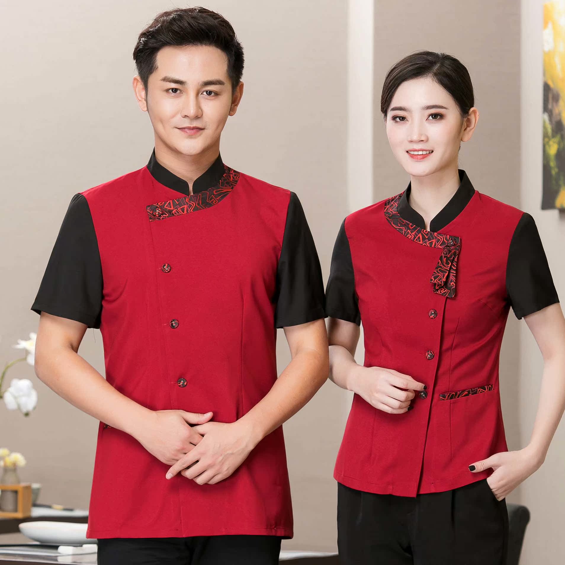 餐厅服务员工作服女短袖餐饮酒店火锅店中式茶楼前厅服务员夏装男