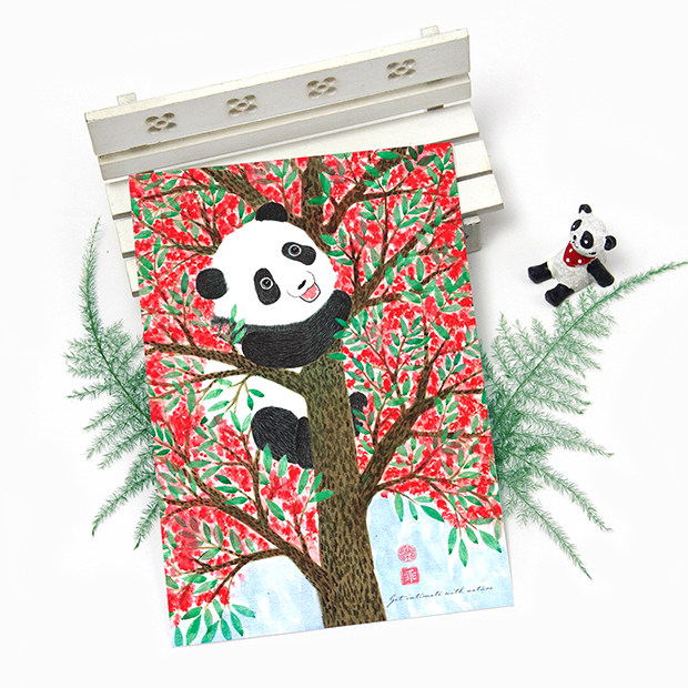小林创意 个性 可爱 萌 明信片 原创手绘 大熊猫 单张明信片