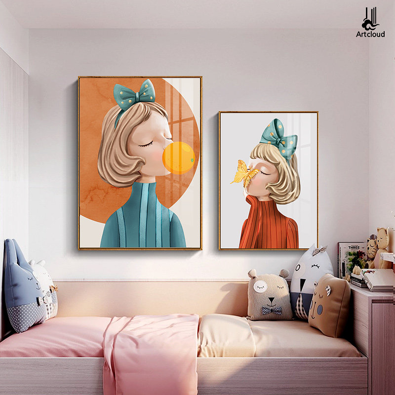 泡泡女孩儿童房装饰画北欧卡通少女卧室房间壁画简约现代软装挂画