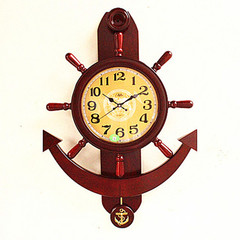 木质石英钟表复古摆钟船舵家用圆形复古大号欧式木质挂钟客厅静音