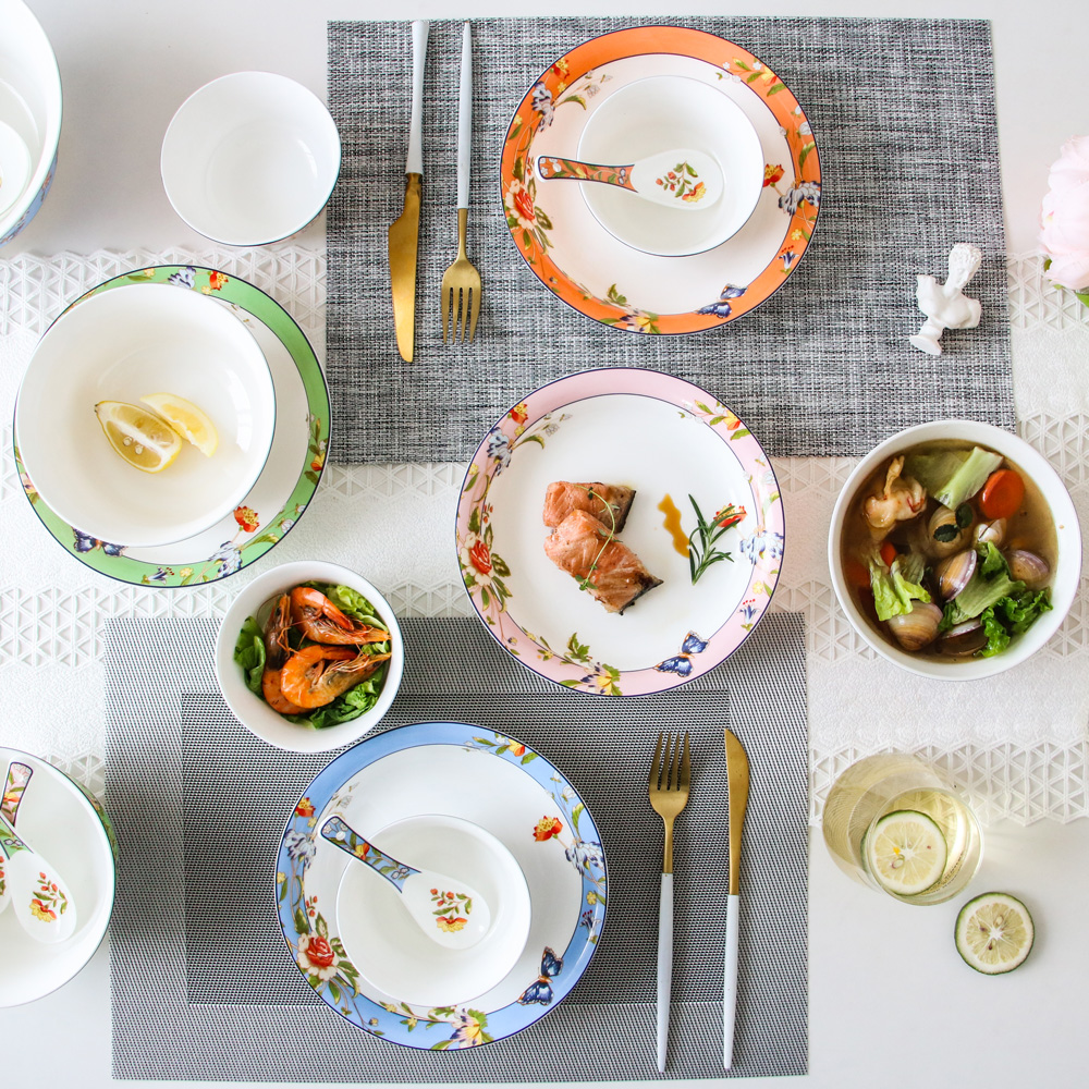 骨瓷创意花朵欧式餐具套装家用日用米饭面汤碗大菜盘陶瓷高档汤勺