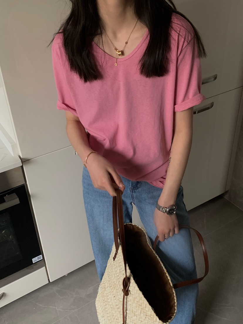 糖果色纯棉t恤女宽松2022夏季新款韩货纯色v领百搭打底衫上衣薄