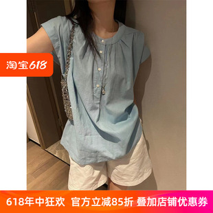 欧货半袖衬衫女2024夏季新款时尚甜美风宽松单排扣圆领休闲衬衣潮