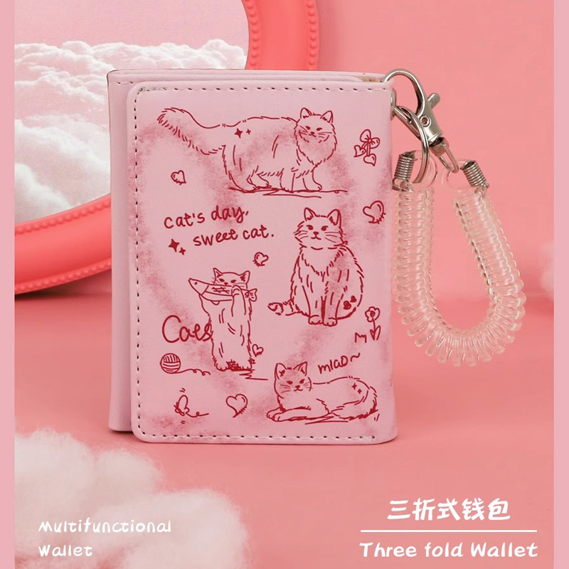 新款短夹防消磁女士小巧卡包涂鸦猫咪钱包大容量短款多卡位零钱包